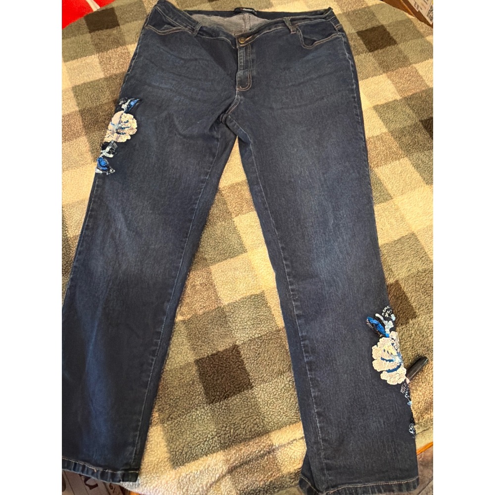 Denim 24/7 Womens Dark Wash Floral Sequin Embroidered Straight Leg Jeans Indigo